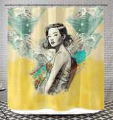 Surfing 1 43 Shower Curtain enhancing a bathroom, with its striking surf design bringing a vibrant, beachy feel to the space.